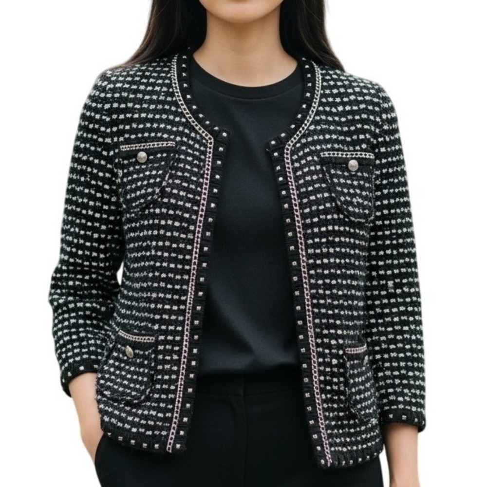 WHITE HOUSE BLACK MARKET Black White Textured Chain Detail‎ Sweater Jacket XS